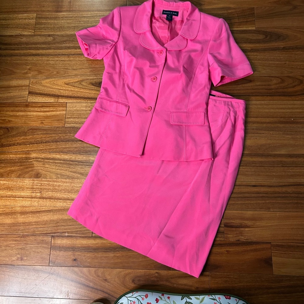 Preston & York Pink 100% Silk Skirt Suit Short Sleeve Blazer Midi Skirt Size 10